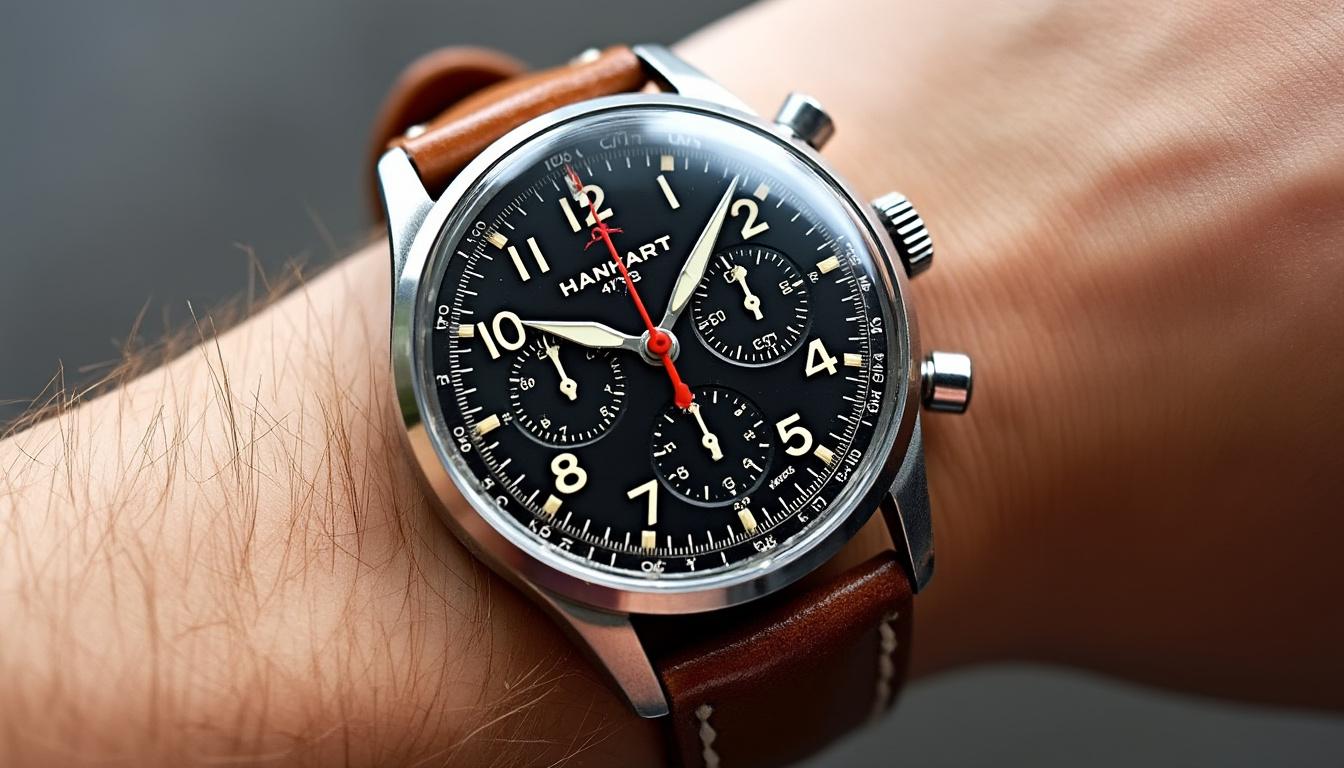 découvrez le hanhart 417 es, un chronographe de pilote alliant élégance classique et originalité grâce à une subtile touche de vernis à ongles, pour un style unique et audacieux.
