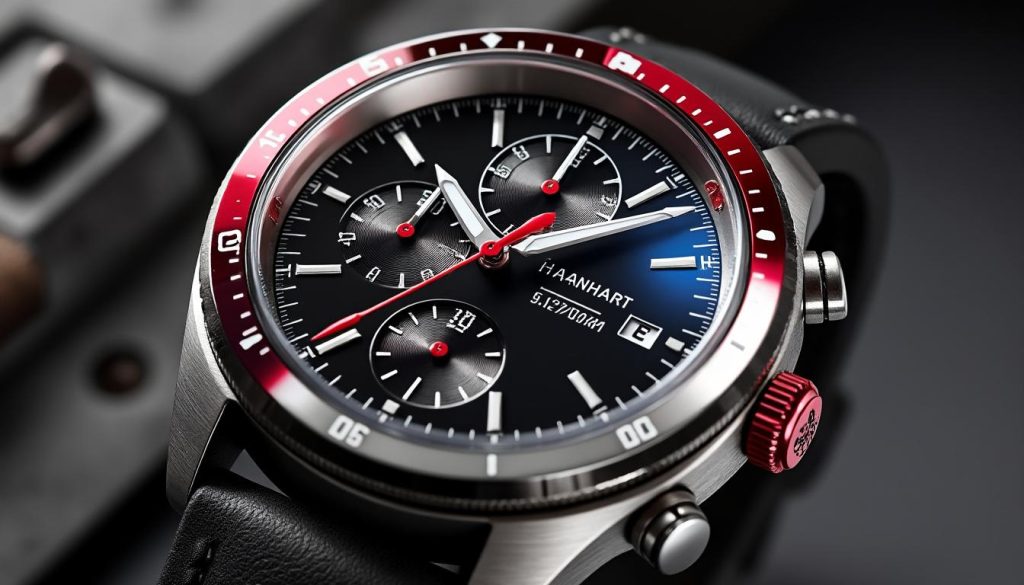 découvrez le hanhart 417 es, un chronographe de pilote alliant élégance classique et une touche audacieuse de vernis à ongles, pour un style unique et raffiné.