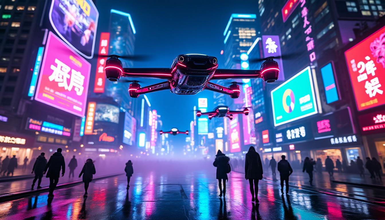 découvrez comment ces drones publicitaires futuristes métamorphosent les villes chinoises en paysages cyberpunk vibrants et éclatants, alliant technologie avancée et art urbain.