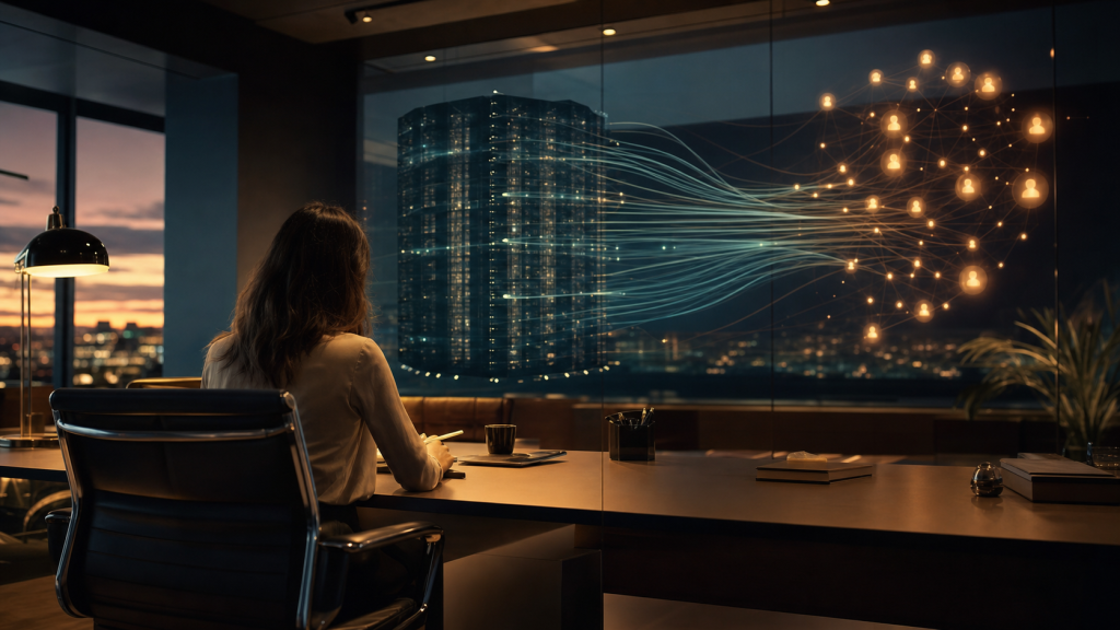 Illustration photoréaliste d’un espace de travail marketing moderne où des flux de données abstraits circulent d’un entrepôt de données vers des nœuds relationnels, symbolisant la synchronisation reverse ETL vers un CRM.