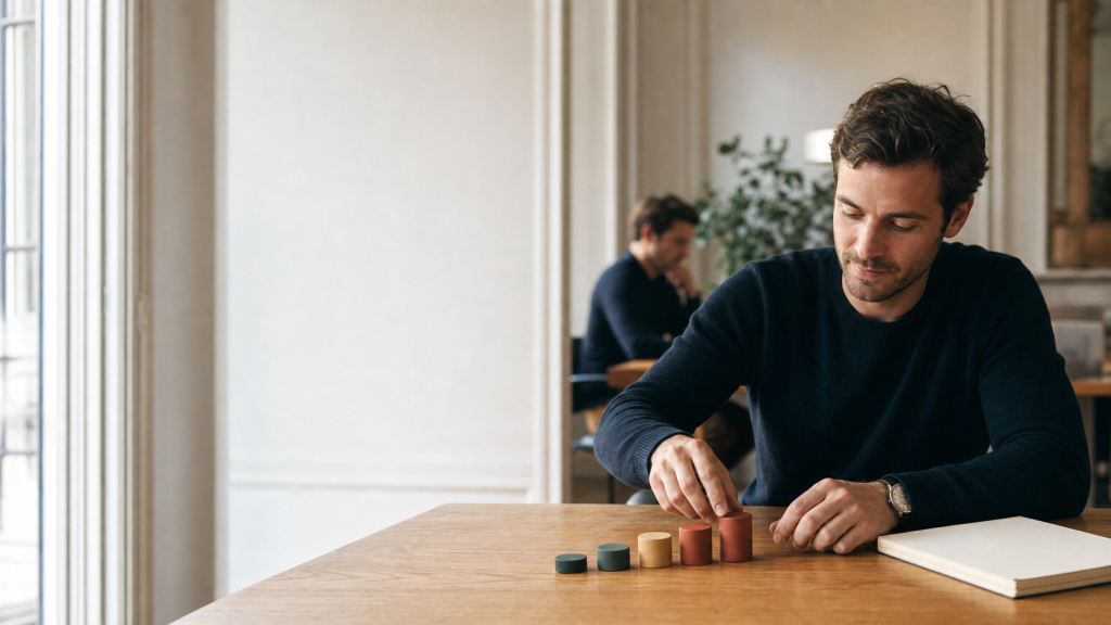 Professionnel B2B organisant des jetons colorés par priorité sur une table de travail, illustration photoréaliste d’un modèle simple de lead scoring.