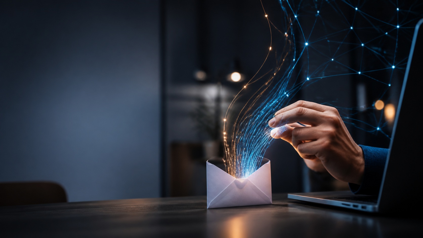 Illustration photoréaliste de la délivrabilité email avec une enveloppe, un ordinateur et des connexions sécurisées symbolisant SPF, DKIM et DMARC.