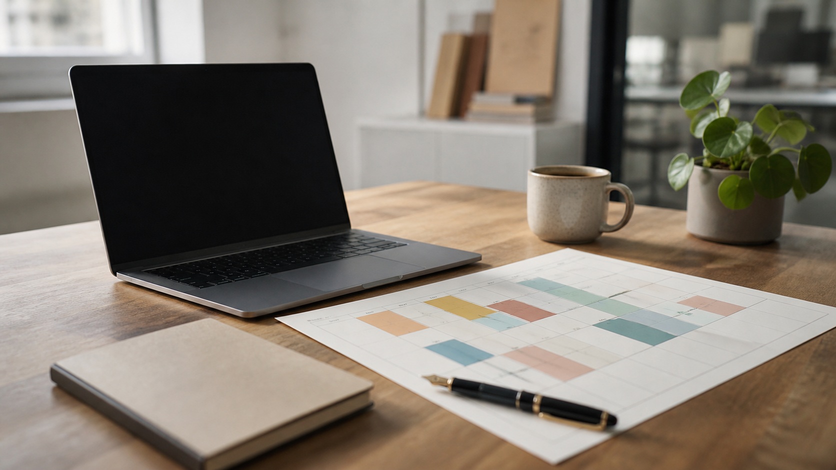 Bureau lumineux avec ordinateur portable vierge, calendrier éditorial coloré, carnet et tasse de café pour illustrer la planification d’une newsletter B2B