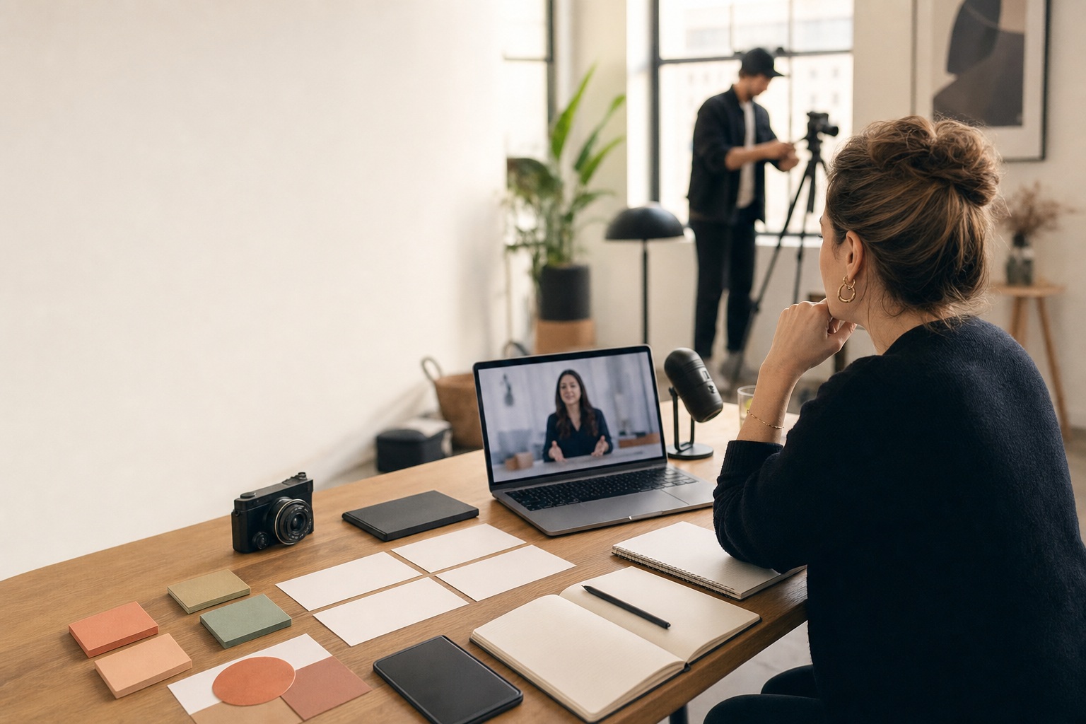 Professionnelle dans un studio créatif visionnant un webinar, avec caméra, microphone et supports de préparation pour une campagne de contenu multicanale