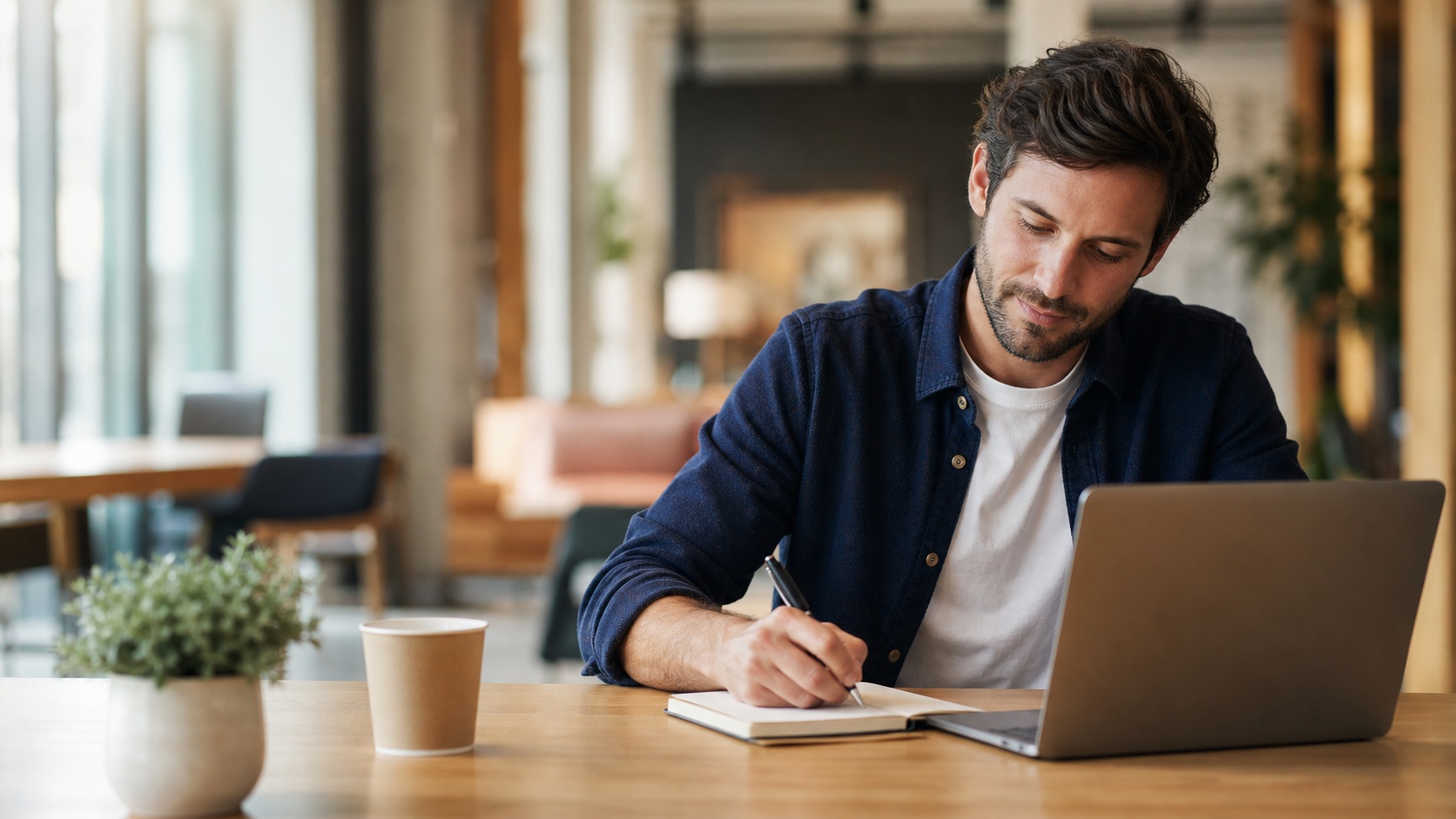 Consultant commercial écrivant une note à côté de son ordinateur dans un espace de travail lumineux, illustrant une routine de social selling LinkedIn fondée sur la relation et sans spam.
